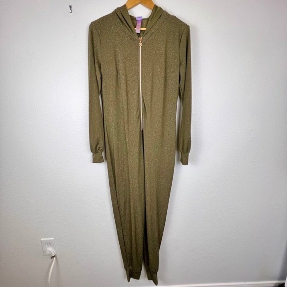 Savage X Fenty Womens Metallic Hooded Jumpsuit Olive Green Shimmer One Piece M - Picture 3 of 15